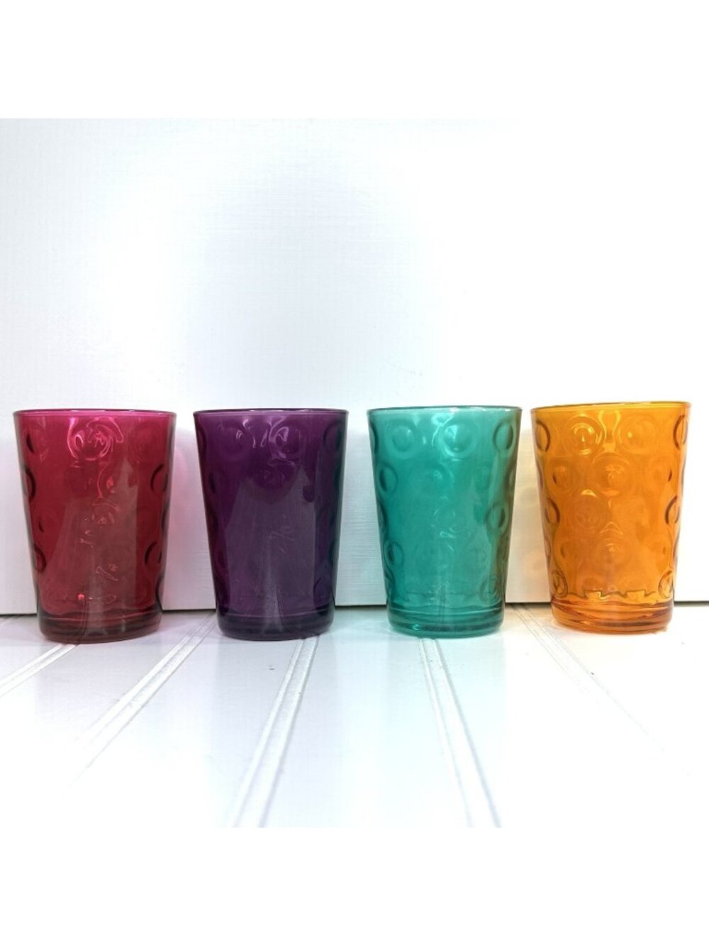 Pasabahce Set of 4 Vintage Cirque Bubble Circle Ring 4" Juice Glasses Colorful